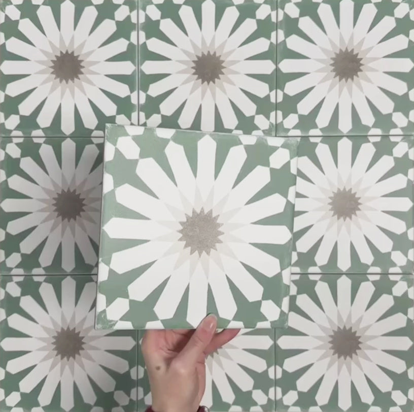 Video showcasing Soukaina Green B Moroccan-style 20cm x 20cm patterned porcelain tiles, highlighting the bold green and white geometric star design, matt finish, and how the pattern repeats when installed.