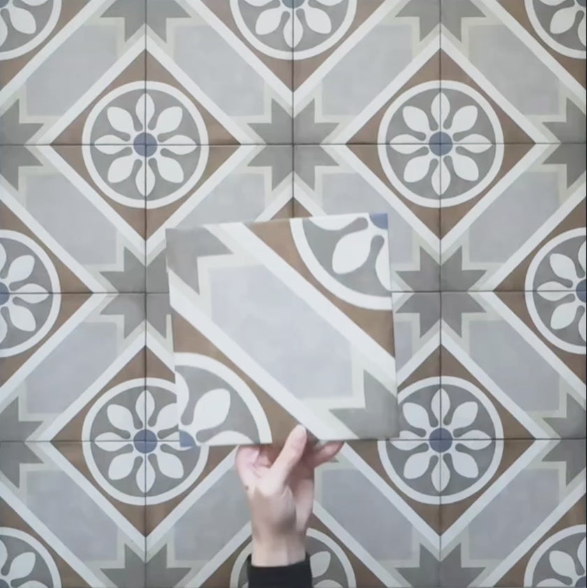 Video showcasing the Carnaby Heythrop Victorian-style 20x20cm porcelain wall and floor tiles, featuring close-up views of the taupe, terracotta, grey, and blue geometric floral pattern as the camera moves across the tiled surface.