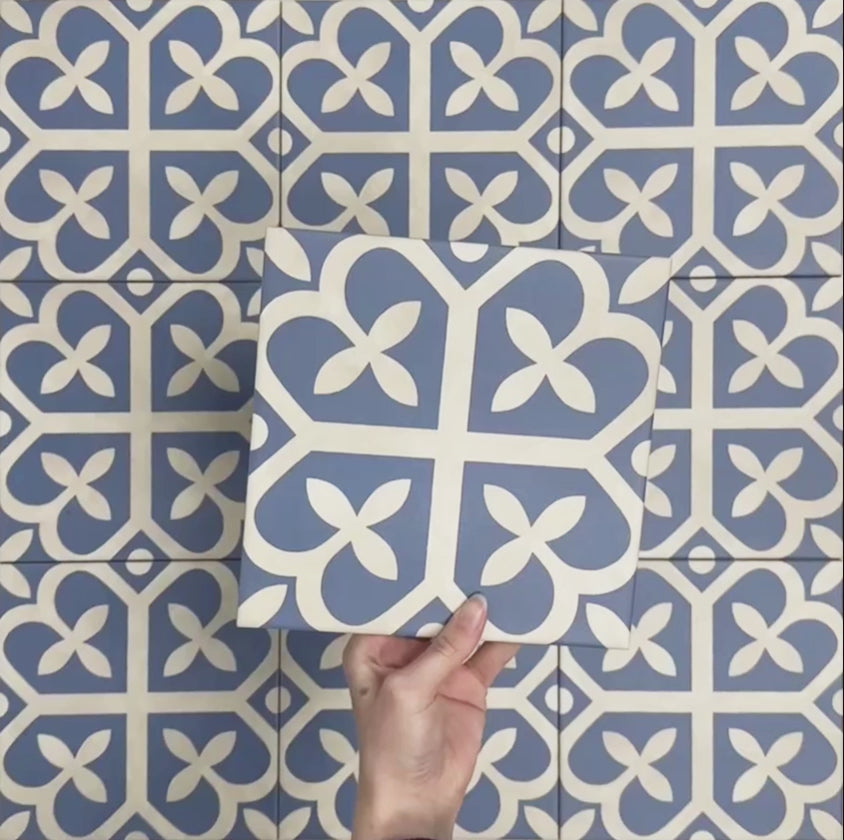 Video showcasing Iris Blue Victorian Moroccan-style 20x20cm patterned porcelain tiles, highlighting the blue and white decorative design and repeating pattern.