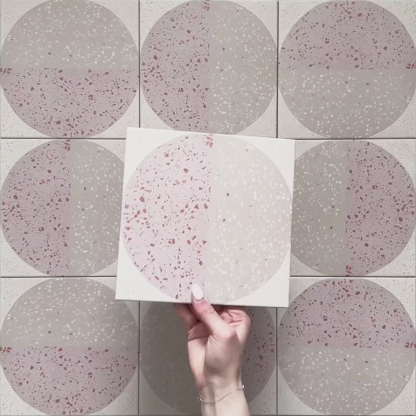 Kasuf Rose 20x20cm terrazzo-style decor tiles featuring a soft pink and neutral circular pattern with speckled terrazzo detailing, ideal for adding a playful yet elegant geometric look to contemporary interiors.