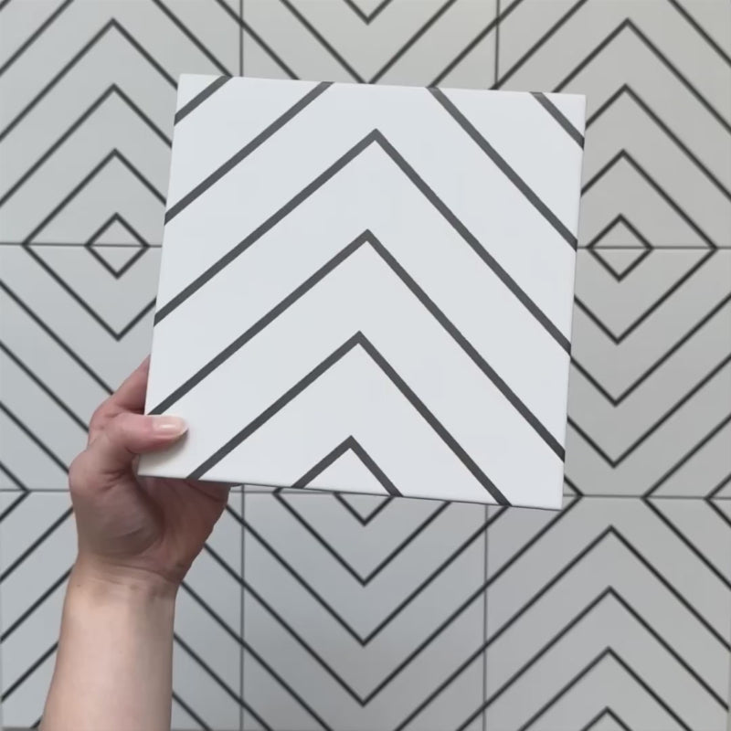 Video showcasing Alhambra Zig Zag Blanco 20x20cm Moroccan tiles, featuring a striking black and white chevron pattern with a modern geometric design ideal for contemporary interiors.