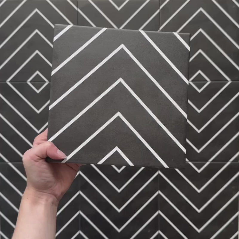 Alhambra Zig Zag Black 20x20cm Moroccan tile video showing the tile’s bold black background and white chevron pattern, highlighting its modern geometric design and smooth matt finish.