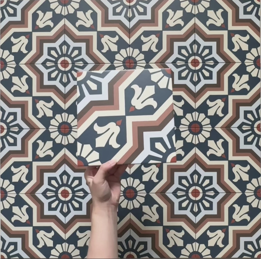 Video showcasing Brompton Grand 20x20cm Victorian-Moroccan-style ceramic tiles with intricate star and floral patterns in navy blue, terracotta, cream, and white tones, highlighting the detailed design and matte finish in a close-up view.