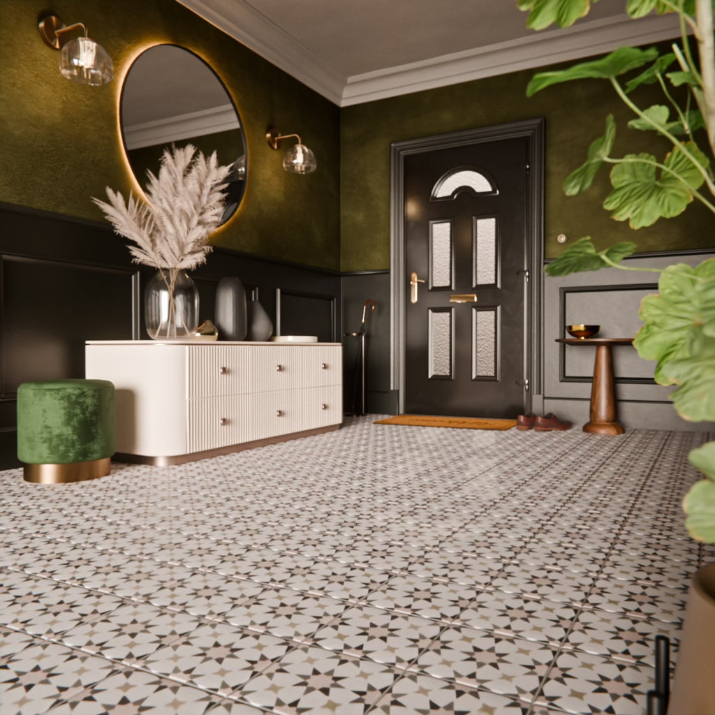 Interior setting featuring Agraba Natural 20x20cm Moroccan style ceramic tiles with a warm neutral patterned design, ideal for kitchen tiles, bathroom floor tiles, hallway tiles, and decorative feature areas.