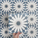 Video showcasing Soukaina Blue B Moroccan-style 20cm x 20cm patterned porcelain tiles, highlighting the bold blue and white geometric star motif, matt finish, and how the design repeats when laid together.