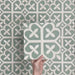 Video showcasing Iris Green Victorian Moroccan-style 20×20cm porcelain tiles, highlighting the soft green and cream geometric pattern and their suitability for decorative floors and walls in both classic and contemporary interiors.
