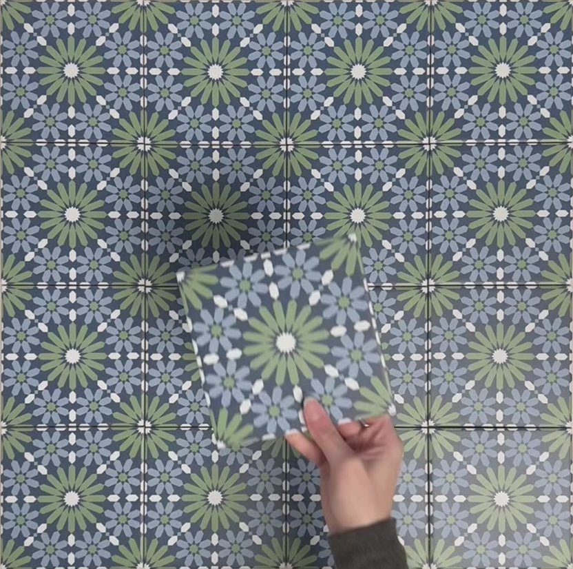 Video showcasing Fizaan Springs Mini Moroccan-style 15×15cm porcelain tiles, highlighting the blue and green geometric star pattern and surface detail.