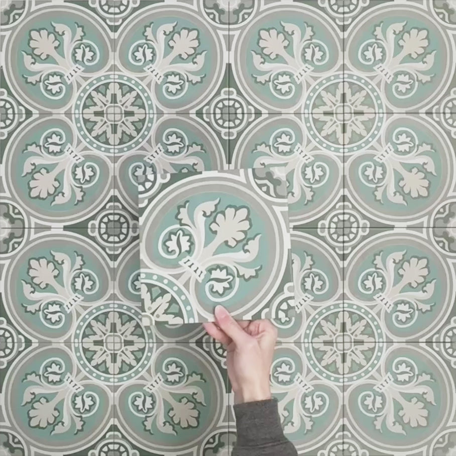 Video showcasing Europa Toulouse 20x20cm Victorian Moroccan style tiles, highlighting the decorative repeating pattern in green, grey and cream tones and the intricate traditional detailing of the tile design.