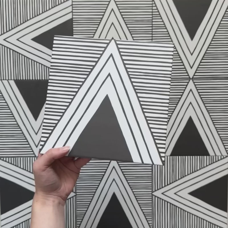 Alhambra Pyramid 20x20cm Moroccan tile video showcasing the striking black and white geometric triangle design with fine linear detailing and bold contemporary style.