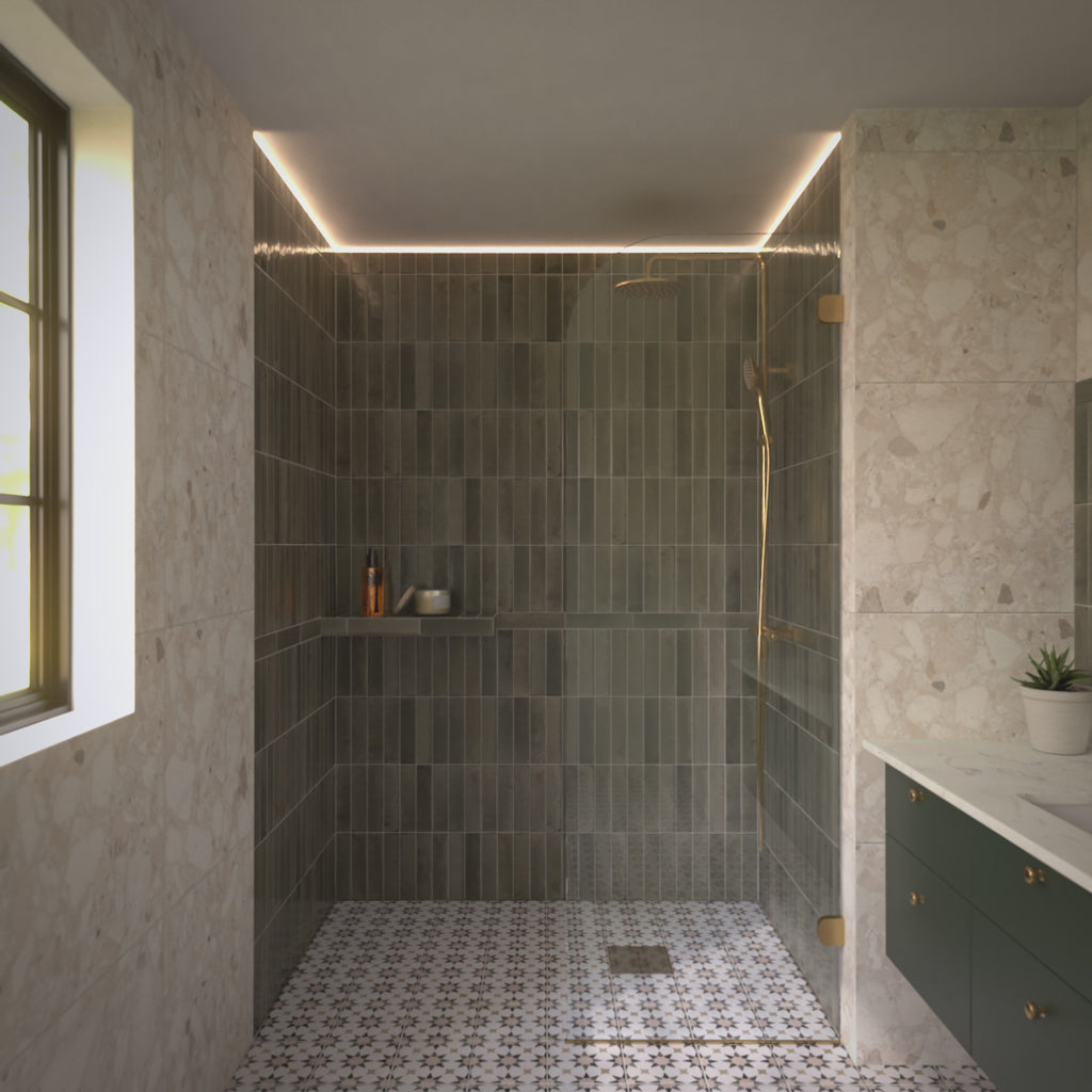 Bathroom featuring Agraba Natural 20x20cm Moroccan style ceramic floor tiles in warm neutral tones, creating a soft patterned surface ideal for kitchen floor tiles, hallway tiles, or decorative bathroom floors.