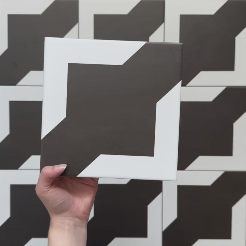 Alhambra Cathedral 20x20cm Moroccan tile video showcasing the striking black and white geometric cross pattern — highlighting its bold contrast, matte texture, and suitability for floors and feature walls.