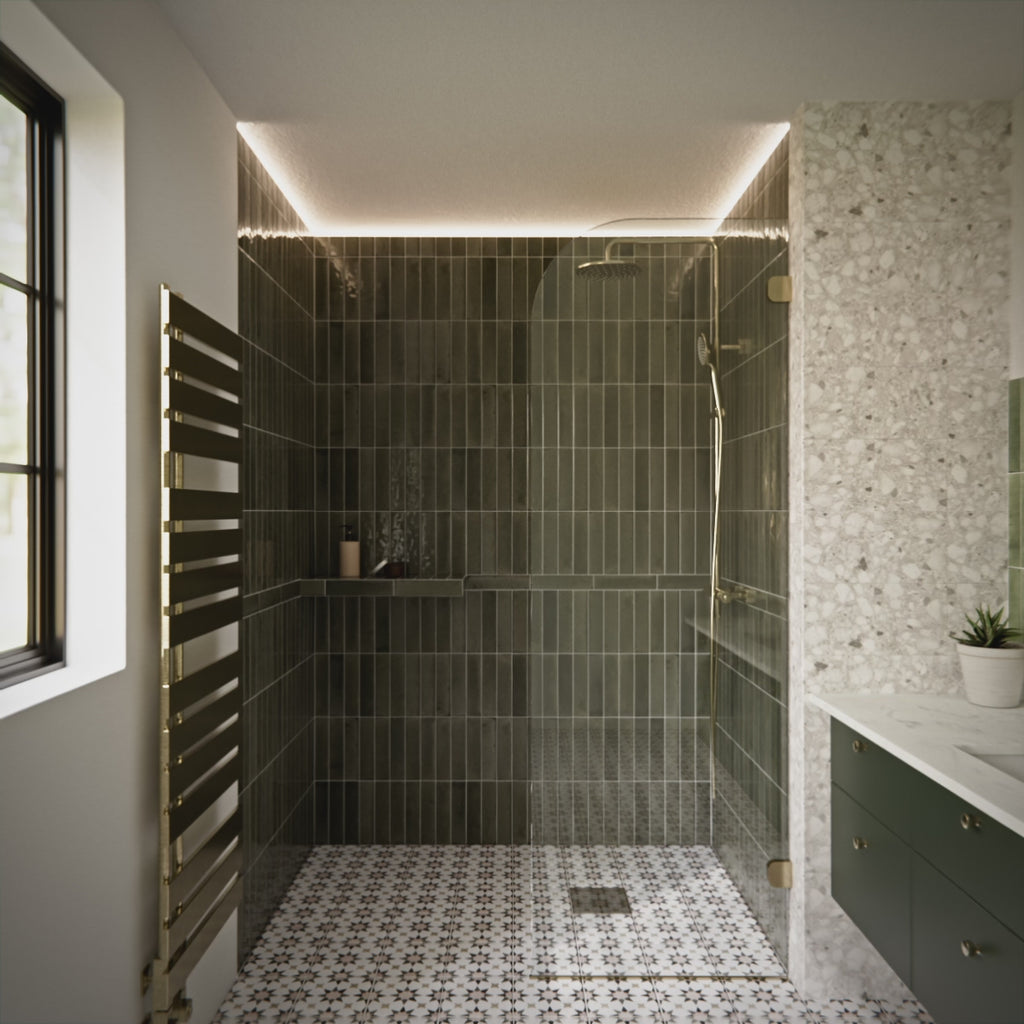 Bathroom featuring Agraba Natural 20x20cm Moroccan style ceramic floor tiles in warm neutral tones, creating a soft patterned surface ideal for kitchen floor tiles, hallway tiles, or decorative bathroom floors.