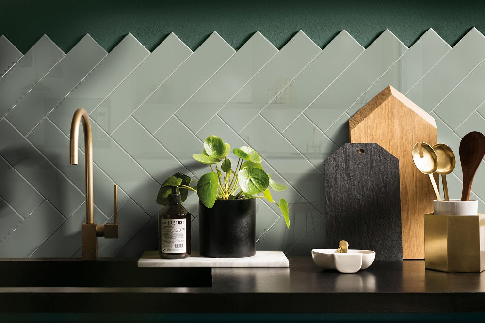 FULL TILE SAMPLE Manhattan Sage Green Flat Gloss Metro Subway Tiles 7.5cm x 30cm