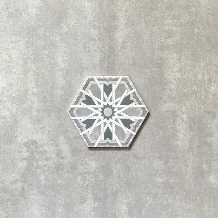 FULL TILE SAMPLE Maroush Mareshan Sage Green / Grey Pattern Hexagon