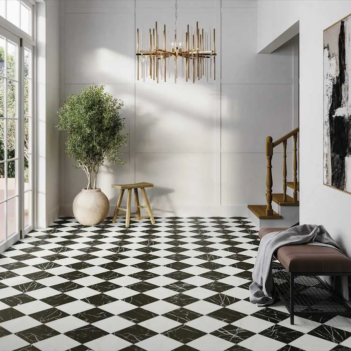 Durham Marquina Black & White Marble Chessboard Tiles 44cm x 44cm