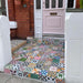 Customer doorstep featuring Fihrdos Mini Patchwork Moroccan-style 15x15cm patterned porcelain floor tiles, creating a colourful mosaic-style entrance with mixed geometric designs.